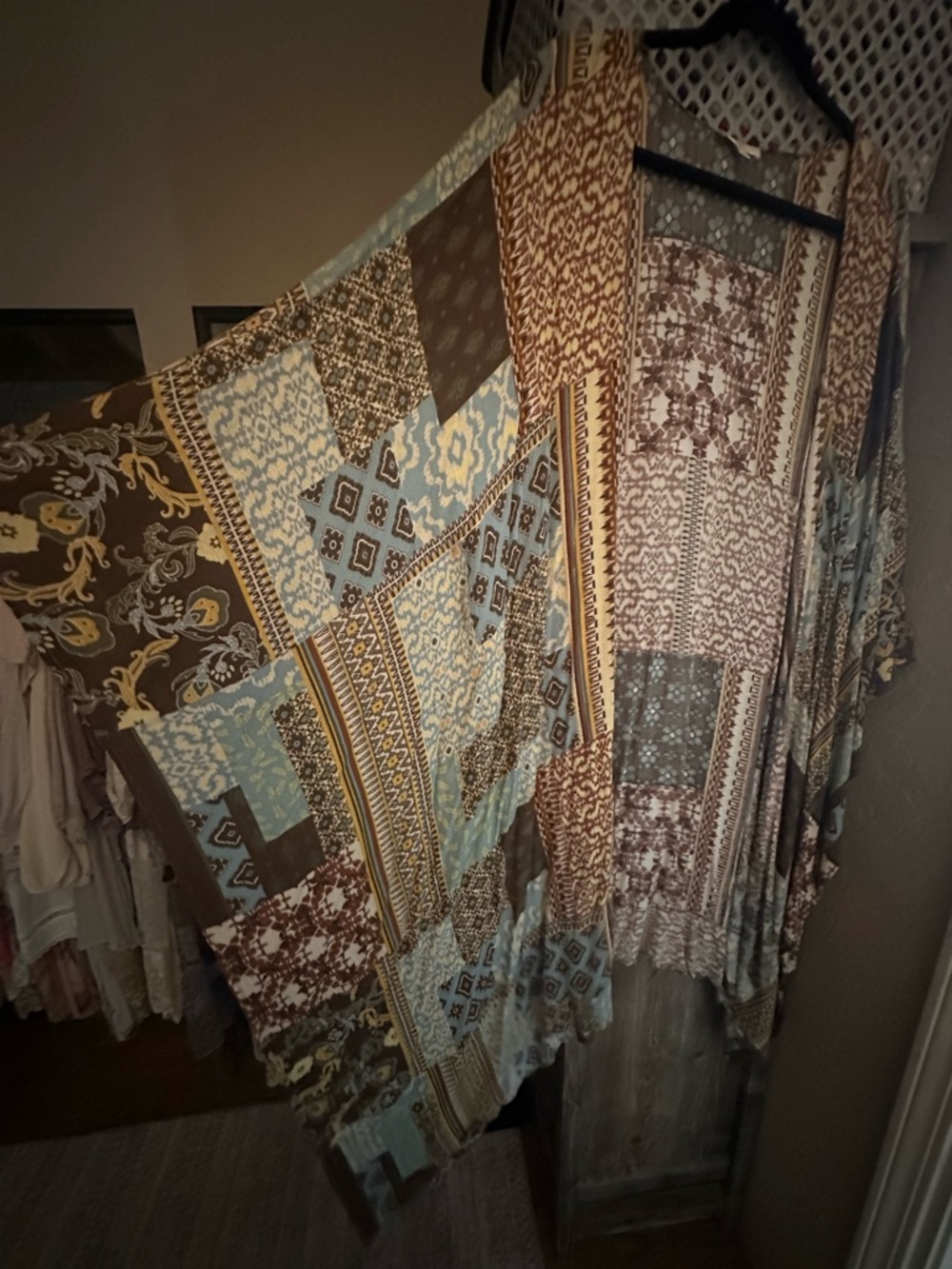 Boho Patchwork Kimono/Duster in Brown and Blue patchwork print - Picture 5 of 6